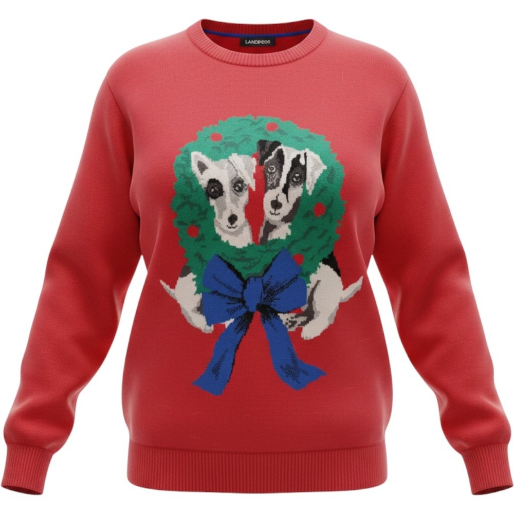 Lands End 3X Ugly Cute Sweater Dog Wreath Christmas Holiday Women's Plus